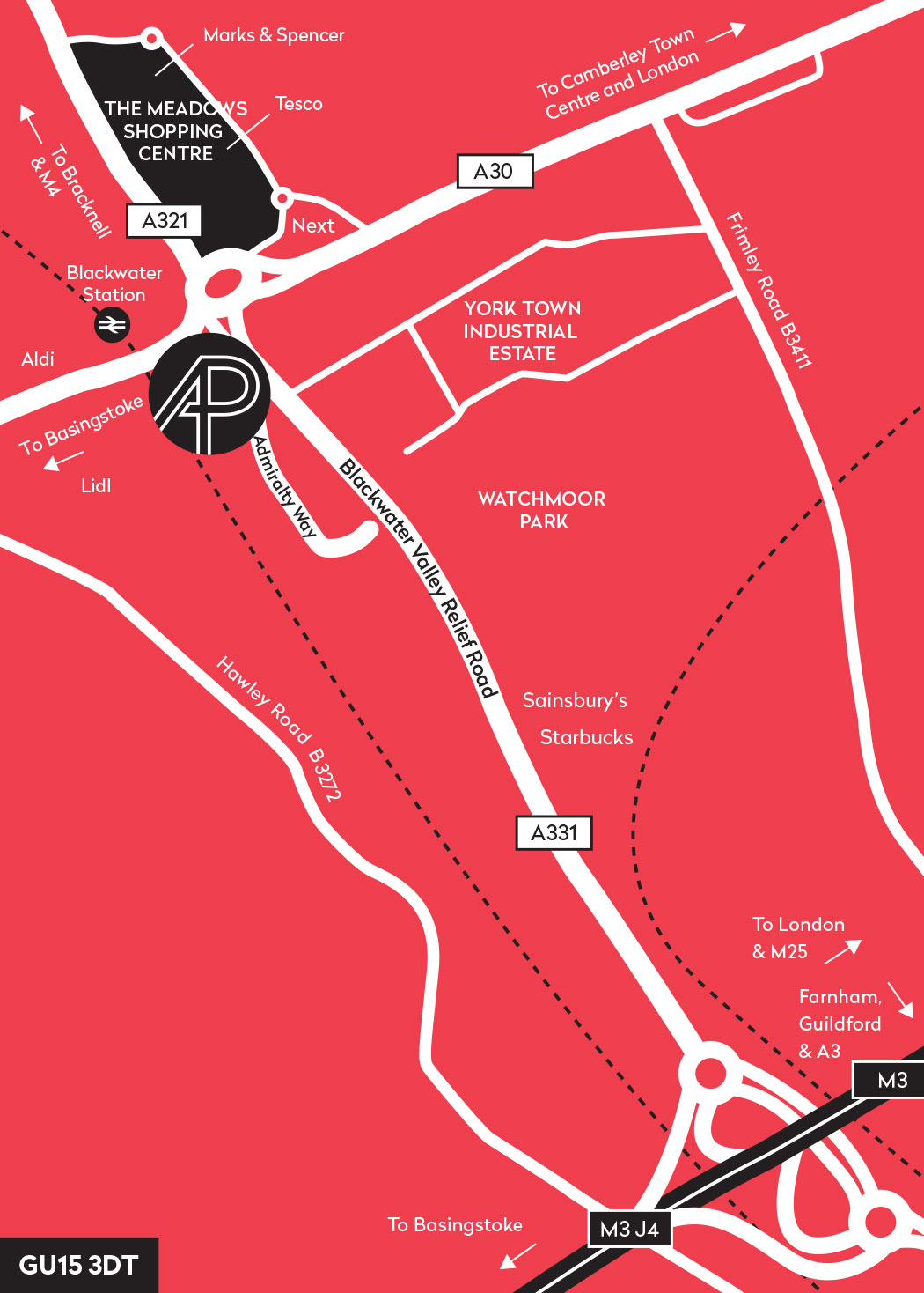 Map of the Camberley area around Admiralty Park